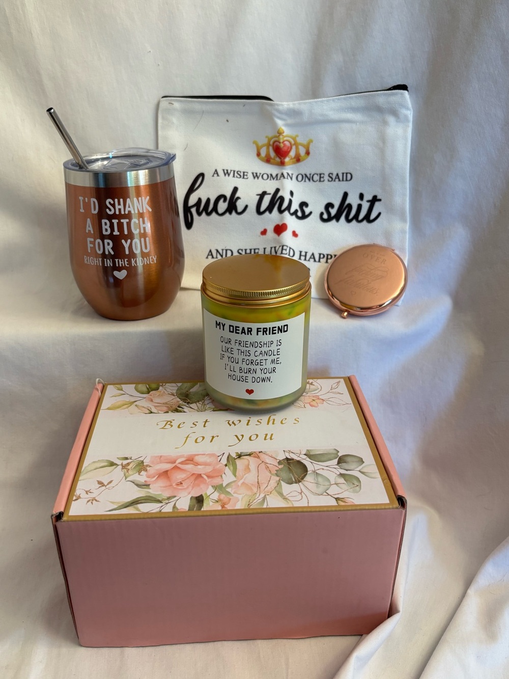 Rose Gold 6 pc Friend Gift Set w/ Insulated Tumbler Candle Makeup Pouch Mirror